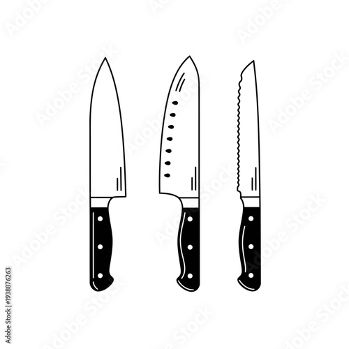 Three kitchen knives with black handles.