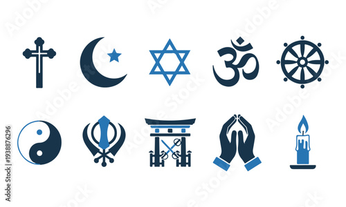 Modern Blue and White World Religious Symbols Icon Set Vector Illustration