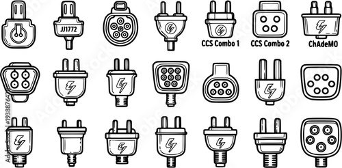 Black and White Line Art Icons of Electric Vehicle Charging Connectors and Plugs