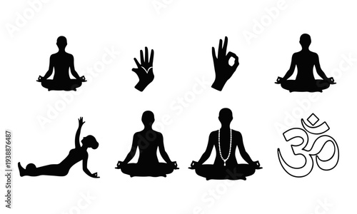 Set of Yoga and Meditation Silhouettes with Mudras and Om Symbol Vector Icons