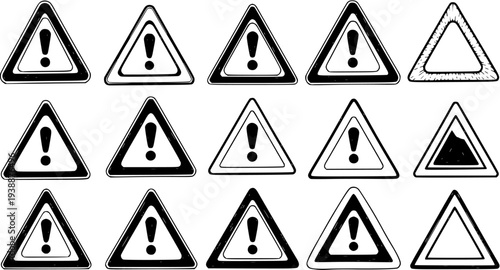 Black and White Hand-drawn Safety Warning Exclamation Mark Triangle Signs. A collection of Hazard and Danger Alert Line Art Icons.