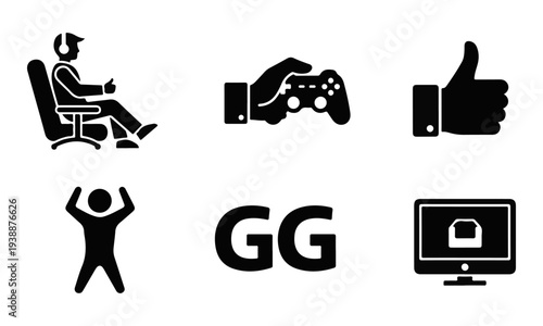 Collection of Gaming and eSports Black Icons with Controller, Gamer, and GG Symbol Isolated