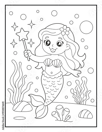 Wallpaper Mural Cute Mermaid Underwater Coloring Page for Kids. Simple Ocean Fantasy Line Art Printable Coloring Sheet for Children. Torontodigital.ca