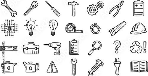 Black and White Line Art Icons of Tools and Symbols for Technology and Industry