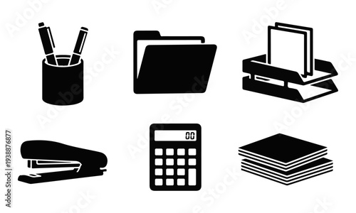 Set of black office supplies and stationery icons. Isolated vector graphics including stapler, calculator, folder, and paper tray.