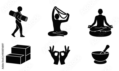 Black Yoga and Meditation Vector Icons Set. Wellness Poses and Props Silhouettes.
