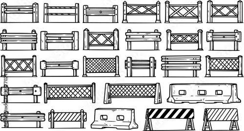 Black and White Line Art Collection of Various Fences, Barriers, and Guardrails for Construction and Safety
