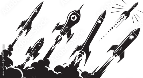 Set of black silhouette rocket ship icons flying upward through smoke and clouds on transparent background for space flight theme