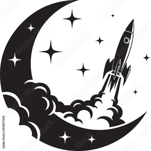 Creative rocket ship launching over crescent moon and starry sky background in black silhouette style for cosmic exploration art