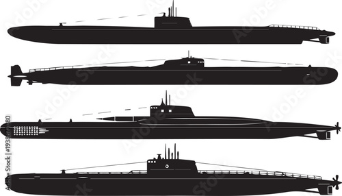 Multiple submarines underwater vessels navy fleet different types of submarines naval warfare underwater military power patrol