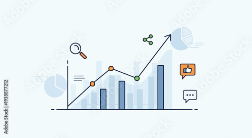 Visual representation of business analytics and financial statistics demonstrating impressive growth, successful marketing strategies, and positive social media engagement trends.