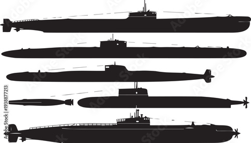 Collection of various submarine silhouettes, representing naval power and underwater exploration