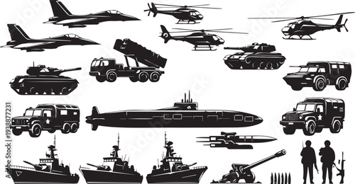 Variety of military vehicles, aircraft, submarine, cannon, and personnel silhouettes