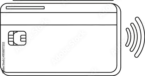 Minimalist black and white line art illustration of a credit card with an embedded chip and contactless payment waves for modern digital transactions.