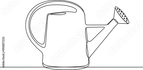 Minimalist continuous line drawing depicts a classic watering can suitable for gardening illustration concepts.