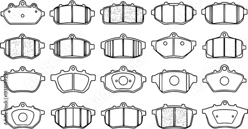 Black and White Line Art Collection of Diverse Automotive Brake Pads