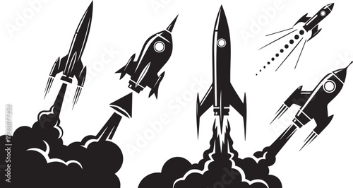 Group of retro rockets launching with smoke trails on transparent background