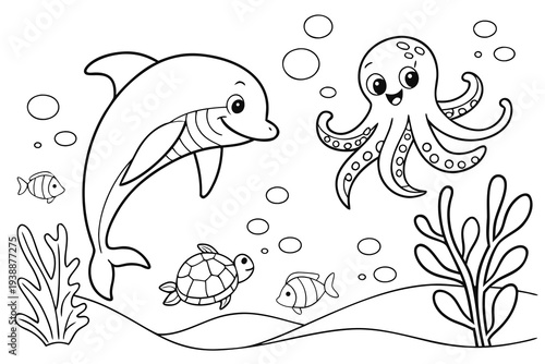 Underwater Sea Animals Coloring Page for Kids - Dolphin, Octopus, Turtle Ocean Line Art