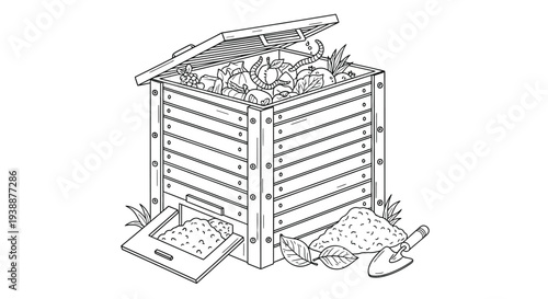 Black and white line art illustration depicts a wooden compost bin filled with organic scraps undergoing natural decomposition processes