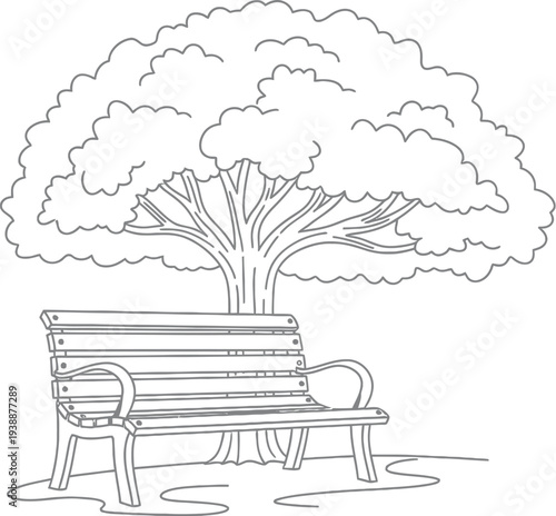 Hand-drawn illustration depicting a sturdy wooden park bench situated directly beneath the comforting shade of a magnificent, sprawling tree.