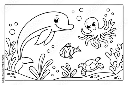 Underwater Sea Animals Coloring Page for Kids - Dolphin, Octopus, Turtle Ocean Line Art