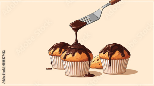 Thick dark chocolate syrup being poured from a silver fork over three freshly baked golden muffins on a cream background.
