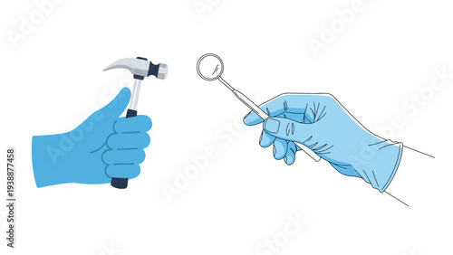 Gloved Hands Holding Dental Mirror and Hammer Illustration Representing Dentistry Tools and Oral Examination
