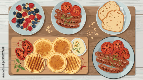 Top view of a wooden table spread with breakfast dishes including cereal berries, sausages, tomatoes, bread, and pancakes.