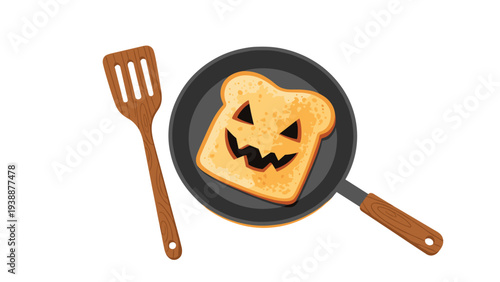 Slice of toasted bread with carved pumpkin face being cooked in a frying pan alongside a wooden spatula for a spooky halloween breakfast.