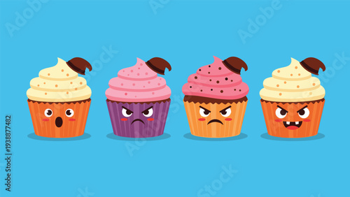 Set of four colorful cupcakes with funny facial expressions and chocolate hats featuring surprised and angry characters on blue background.