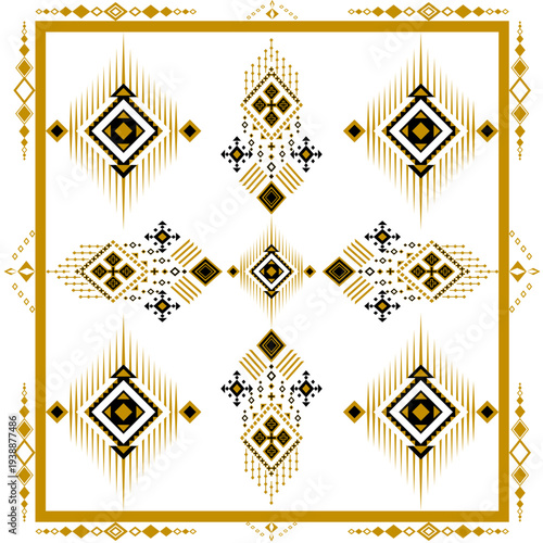 Elegant gold and black geometric ethnic pattern with symmetrical ornamental motifs and decorative border on light background. Luxury tribal style design ideal for textile, wallpaper, packaging.