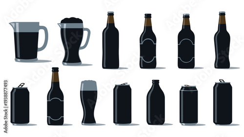 Collection of various beer containers and glasses with dark stout or ale including glass mugs, bottles with labels, and aluminum cans.