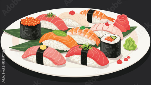 Large platter of assorted japanese sushi featuring nigiri with salmon, tuna, shrimp and eel accompanied by wasabi, ginger, and roe rolls.