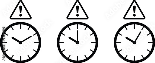 Analog clock icon collection with triangular warning symbols, time management graphics, deadline alerts, scheduling issues, and caution vector illustrations for productivity and planning