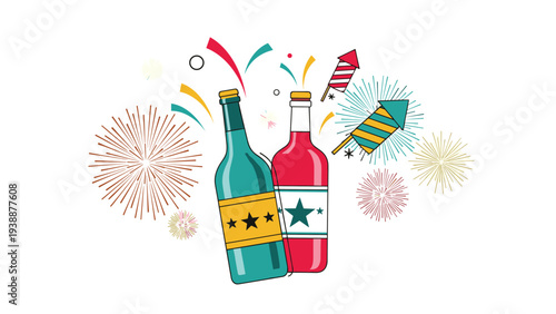 Two festive drink bottles with stars on labels erupting with colorful confetti and fireworks to celebrate a holiday or special occasion.