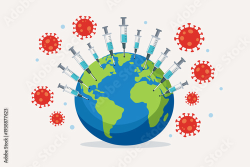 Global COVID-19 Vaccine Implementation and Distribution Illustration with Syringes Injecting Earth Globe to Build Herd Immunity Against Red Coronavirus Particles Worldwide for Pandemic Recovery.