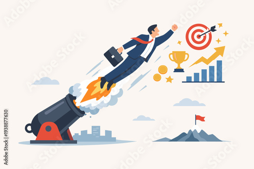 Career boost and job promotion concept with businessman launched from a cannon towards success, professional growth, productivity, achievement, goal reaching, and business advancement vector.