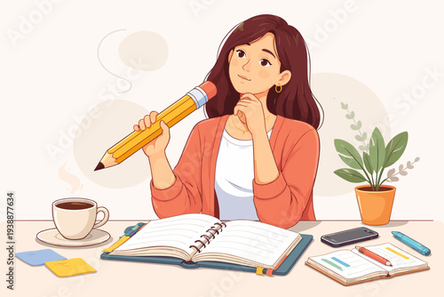 Creative young woman content writer or blogger sitting at desk with giant pencil and notebook, freelance journalist or editor planning work in home office with coffee and plant, vector art.