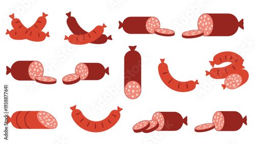 Set of different types of red meat sausages and salami including whole links, curved shapes, and sliced pieces for cold cuts display.