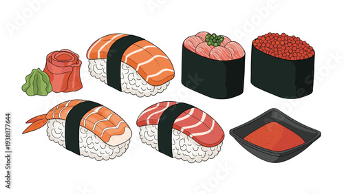 Assortment of traditional japanese sushi including salmon and tuna nigiri, rolls with roe, wasabi, ginger, and a bowl of dipping sauce.