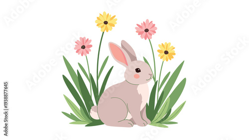 Adorable grey bunny rabbit sitting peacefully in tall green grass surrounded by blooming pink and yellow daisy flowers on white background.