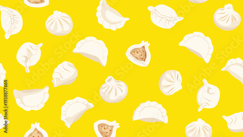 Seamless food pattern featuring assorted white dumplings like gyoza, baozi, and dim sum scattered on a bright yellow background.