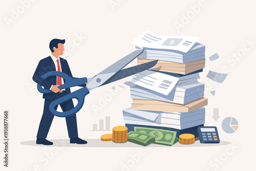 Businessman using large scissors to cut a stack of bills and documents to reduce costs, manage budget, and control expenses for financial savings, tax deduction, and efficient business management.