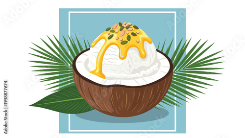 Gourmet tropical dessert featuring a scoop of white coconut ice cream with yellow syrup and nuts served in a real coconut shell with palm leaves.