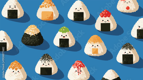 Large set of adorable onigiri rice ball characters with different facial expressions and various toppings on a solid blue background.