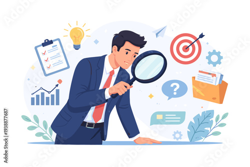 Businessman in Suit Looking Through Magnifying Glass for Data Analysis, Research, and Fact Finding with Icons of Idea, Target, Checklist, and Graph for Strategic Business Investigation and Discovery