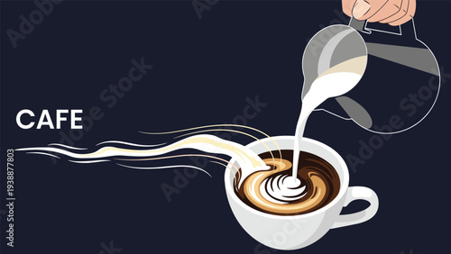Artistic illustration of milk being poured into a white cup of coffee creating swirl patterns with bold cafe text on dark background.