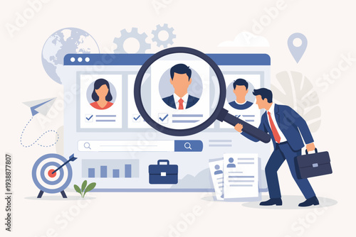 Recruitment and Job Search Concept with Businessman Using Magnifying Glass to Find Best Candidate for Employment, Talent Acquisition, Career Opportunity, Hiring Process, and Human Resources Management