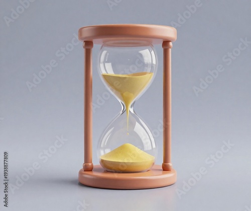An antique wooden hourglass with flowing sand serves as a retro measurement instrument symbolizing that time is money and the approaching deadline of a countdown