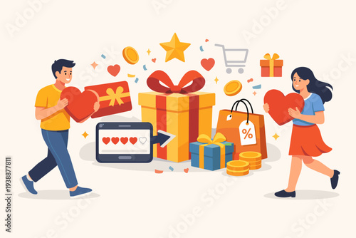 Customer Loyalty Program and Reward System Concept with People Holding Hearts and Gift Cards. Earning Points, Bonuses, and Prizes for Shopping Online with Discounts and Special Offers Vector.